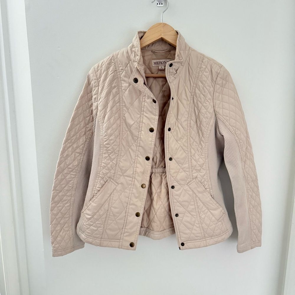 Merona Quilted Jacket Coat Neutral Full Zip Equestrian Style Beige Cream M